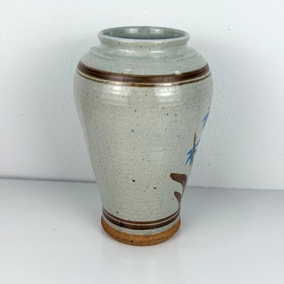 Handcrafted Gray Ceramic Vase Blue Iris Floral Design Brown Accents 9.5" #'d - Picture 6 of 7